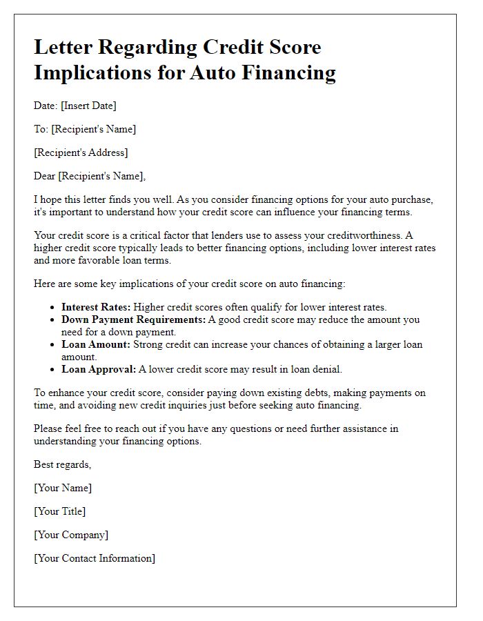 Letter template of credit score implications for auto financing