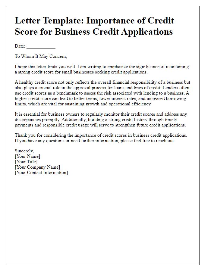 Letter template of credit score importance for business credit applications