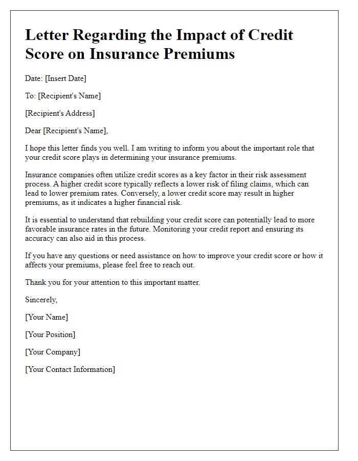 Letter template of credit score role in insurance premium calculations