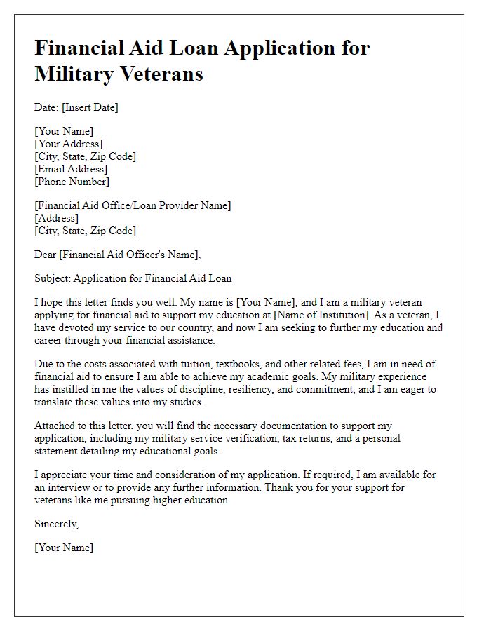 Letter template of financial aid loan application for military veterans