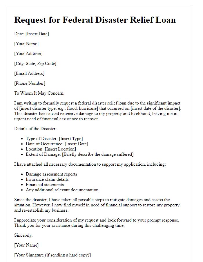 Letter template of federal disaster relief loan request.