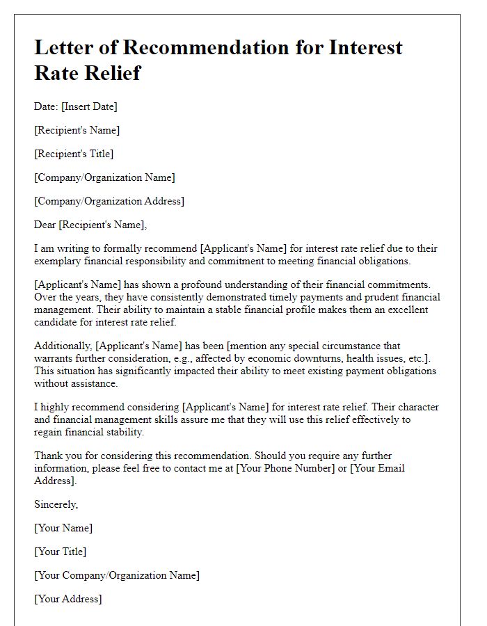 Letter template of recommendation for interest rate relief