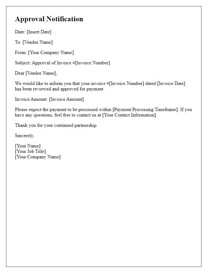 Letter template of approval notification for vendor invoice