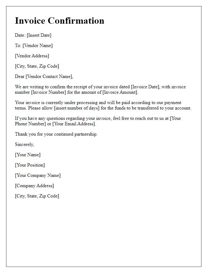 Letter template of confirmation for vendor invoice processing