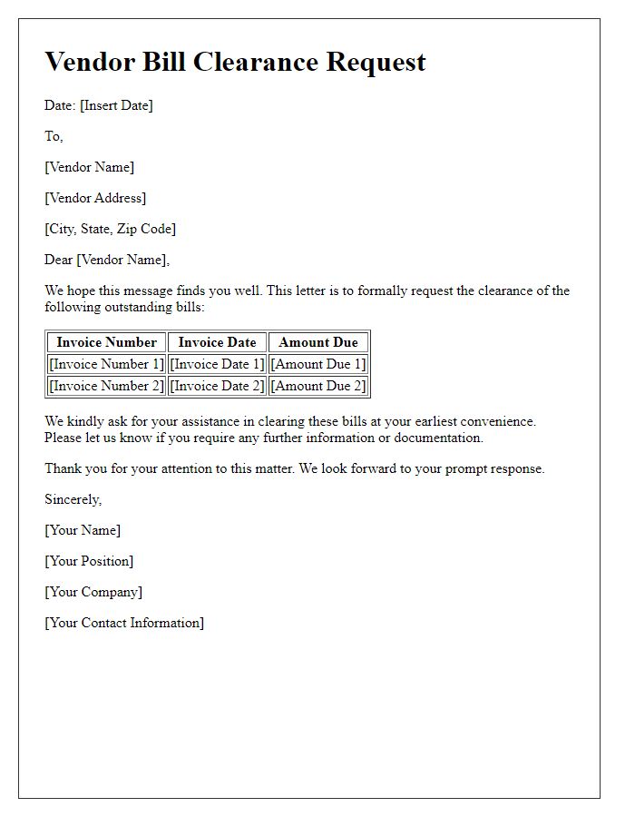 Letter template of vendor bill clearance request