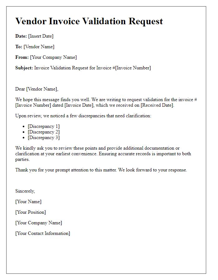 Letter template of vendor invoice validation request