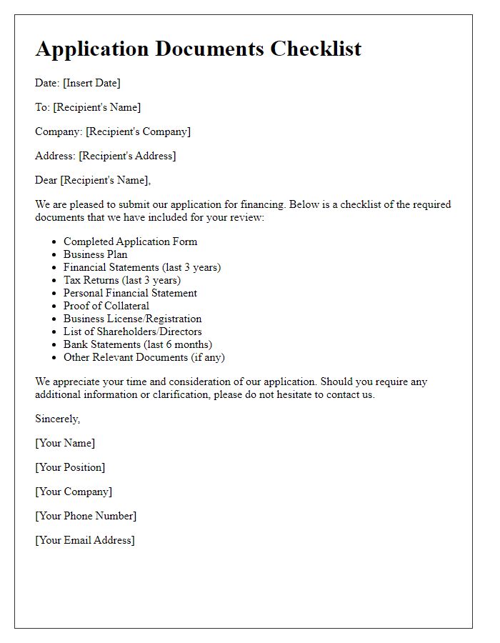 Letter template of application documents checklist for financing