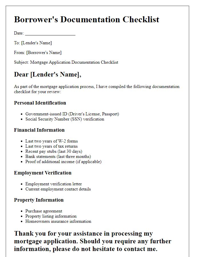 Letter template of borrowers documentation checklist for mortgages