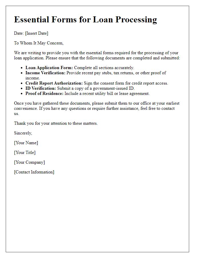 Letter template of essential forms for loan processing