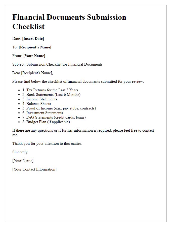 Letter template of financial documents submission checklist