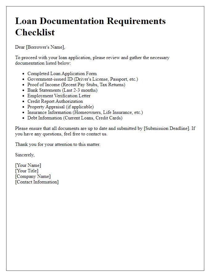 Letter template of loan documentation requirements checklist