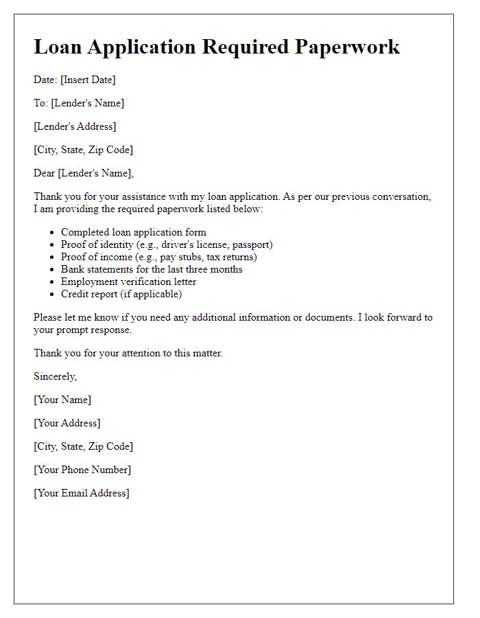 Letter template of required paperwork for loan application
