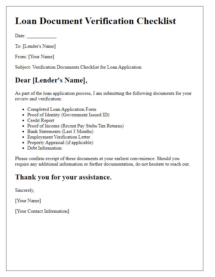 Letter template of verification documents checklist for loans