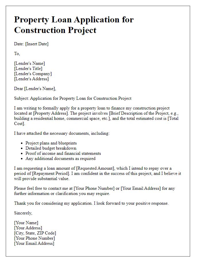 Letter template of property loan application for a construction project