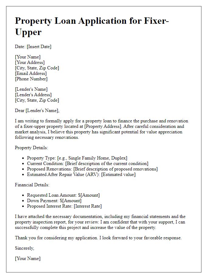 Letter template of property loan application for a fixer-upper property