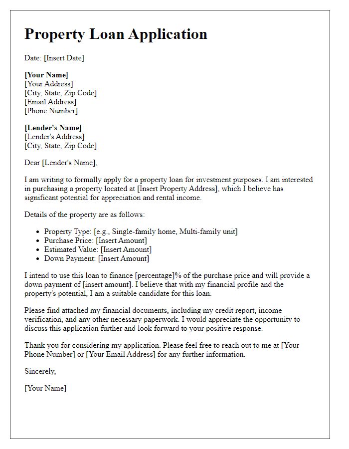 Letter template of property loan application for investment properties