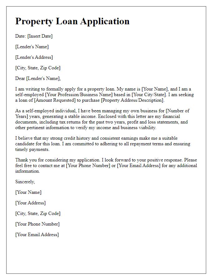 Letter template of property loan application for a self-employed applicant