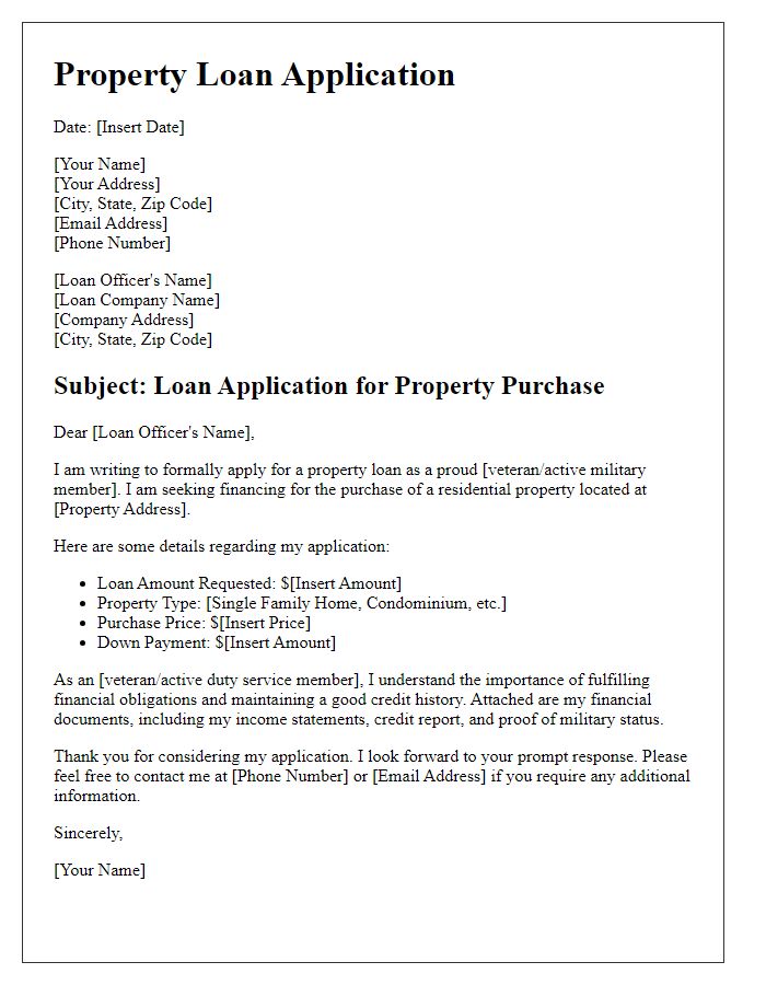 Letter template of property loan application for veterans and active military