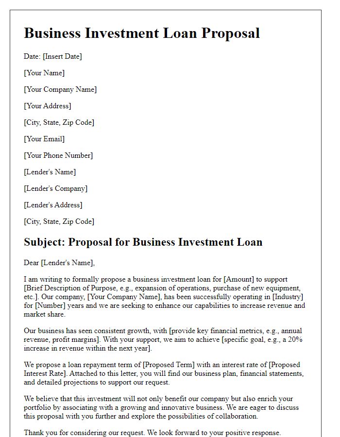 Letter template of business investment loan proposal