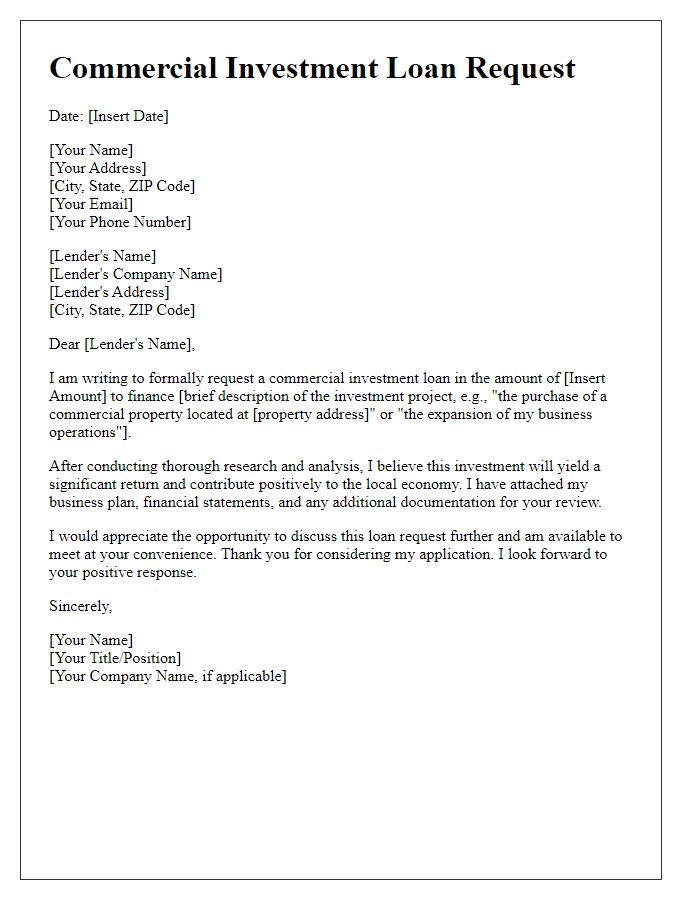 Letter template of commercial investment loan request