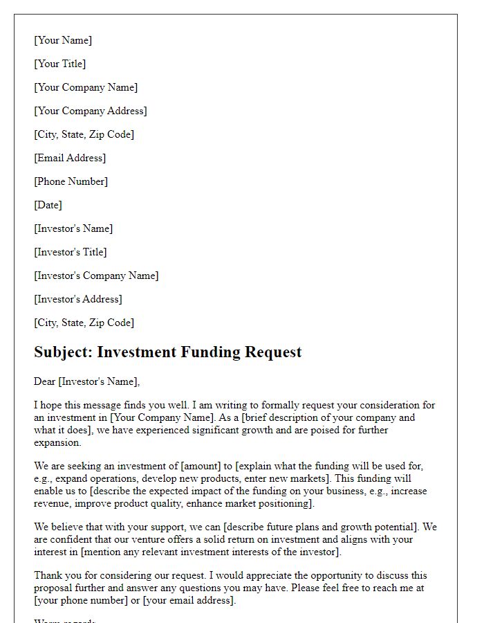 Letter template of investment funding request