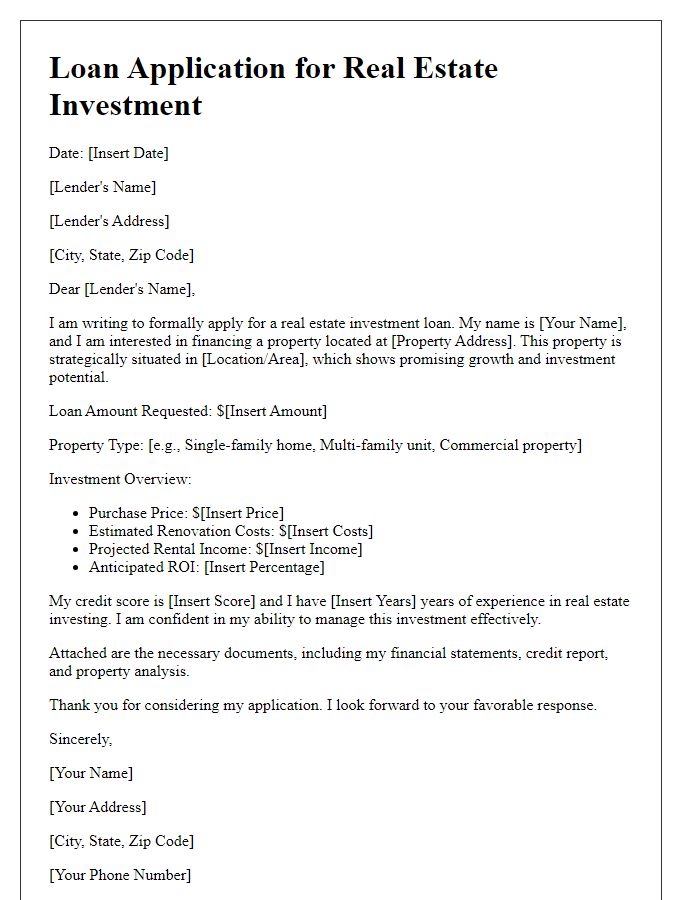 Letter template of real estate investment loan application