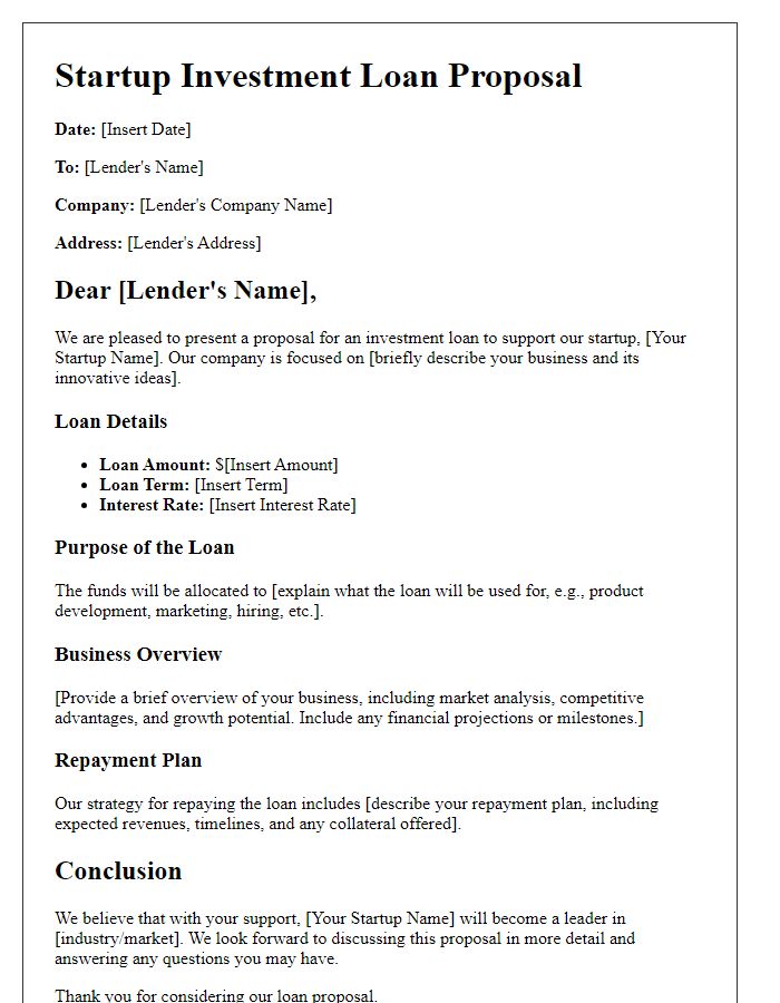 Letter template of startup investment loan proposal