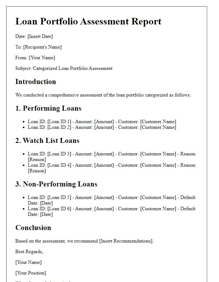 Letter template of categorized loan portfolio assessment