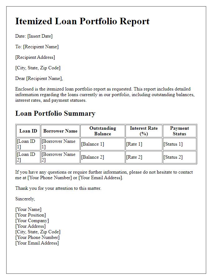 Letter template of itemized loan portfolio report