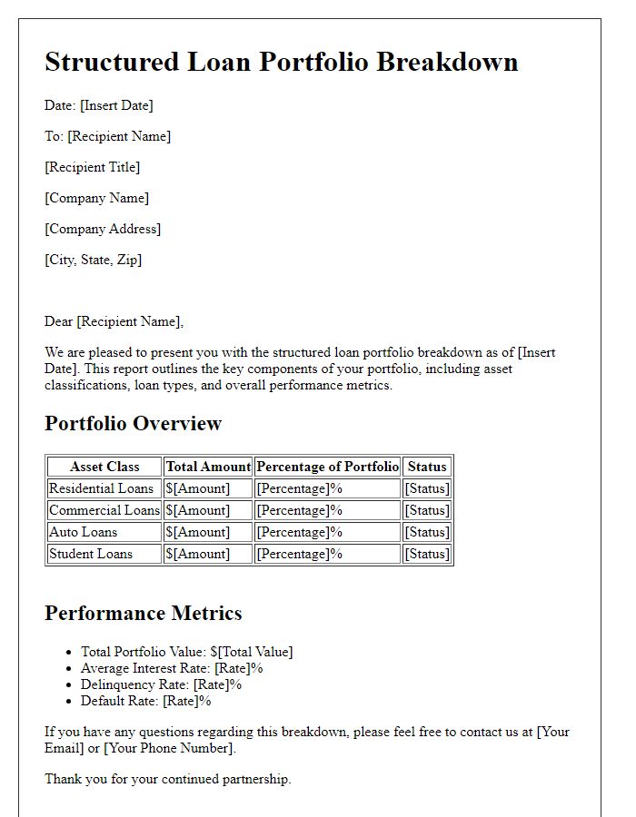 Letter template of structured loan portfolio breakdown