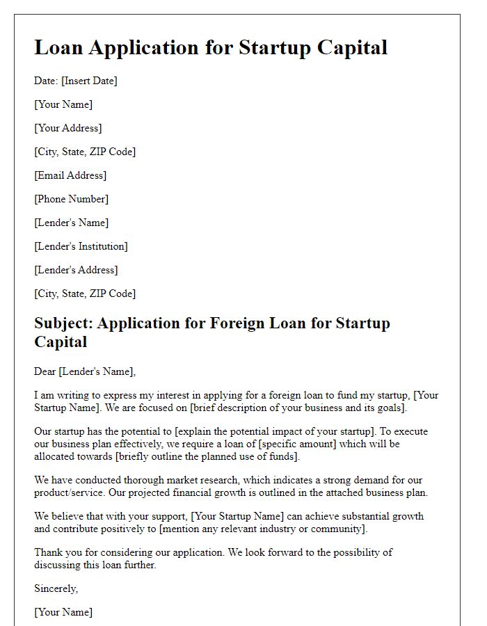 Letter template of foreign loan application for startup capital