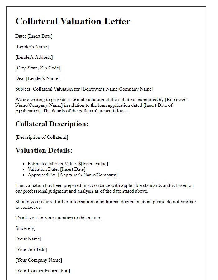 Letter template of collateral valuation letter for lender