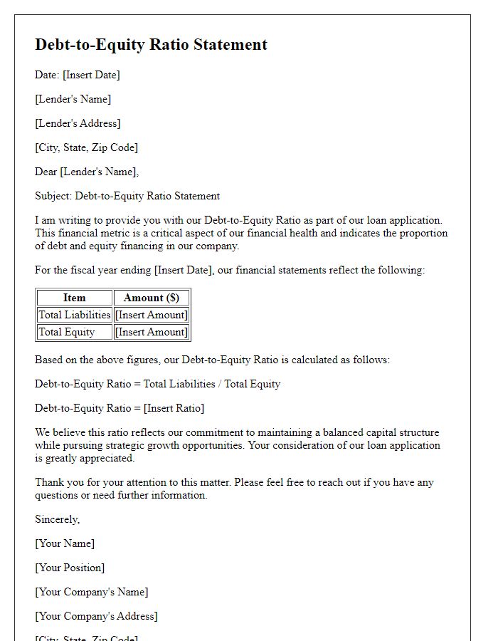 Letter template of debt-to-equity ratio statement for lending