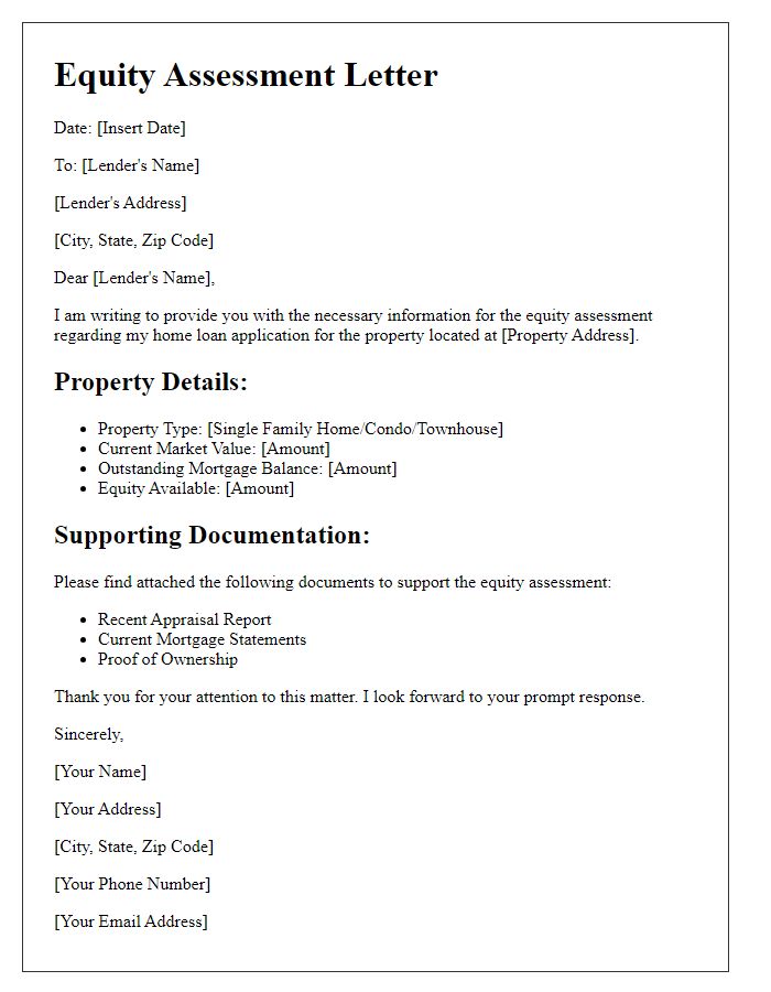 Letter template of equity assessment for home loan