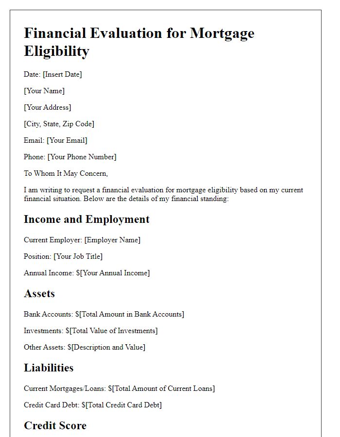 Letter template of financial evaluation for mortgage eligibility