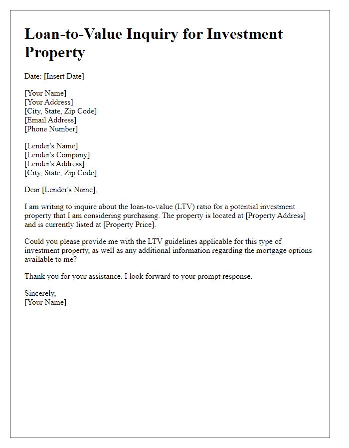 Letter template of loan-to-value inquiry for investment property