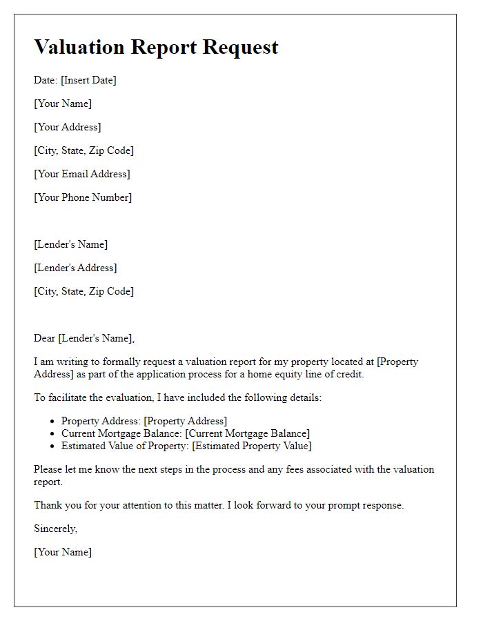 Letter template of valuation report request for home equity line