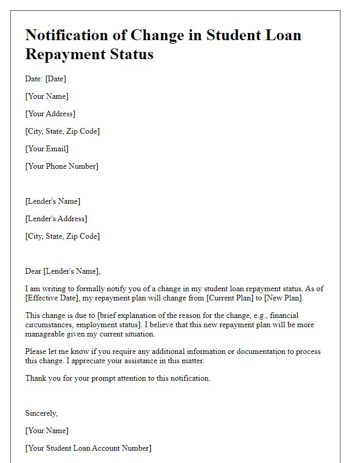 Letter template of Notification of Change in Student Loan Repayment Status