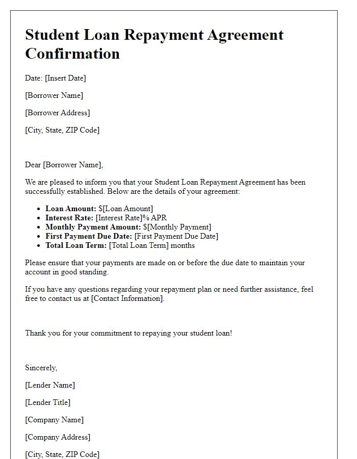 Letter template of Student Loan Repayment Agreement Confirmation