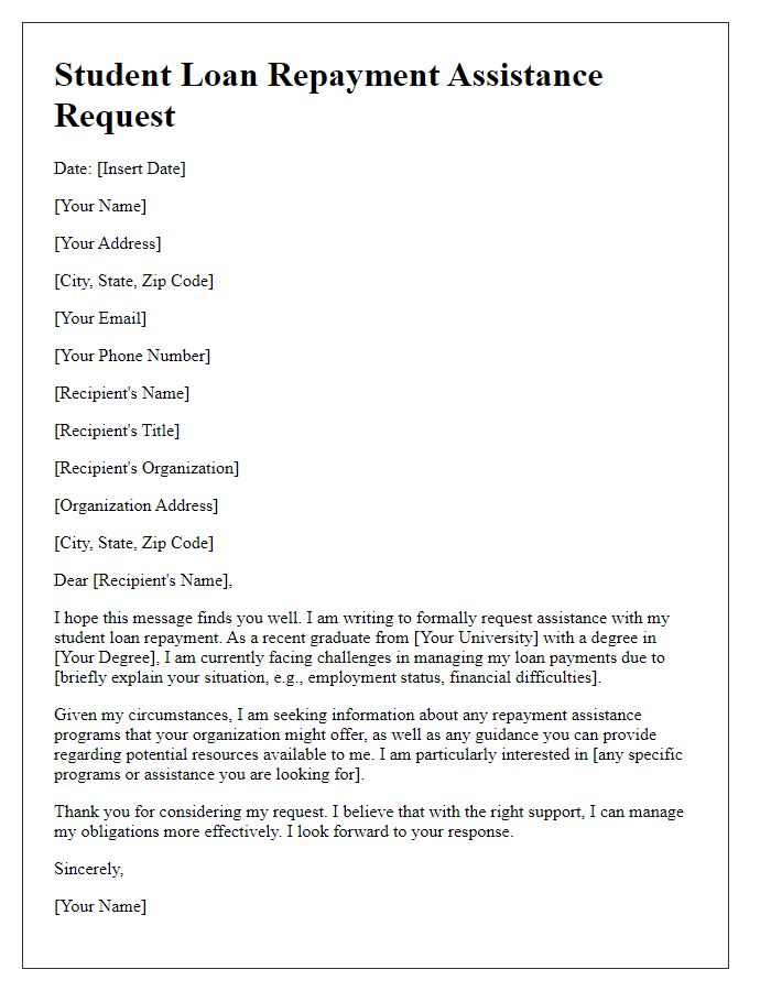 Letter template of Student Loan Repayment Assistance Request