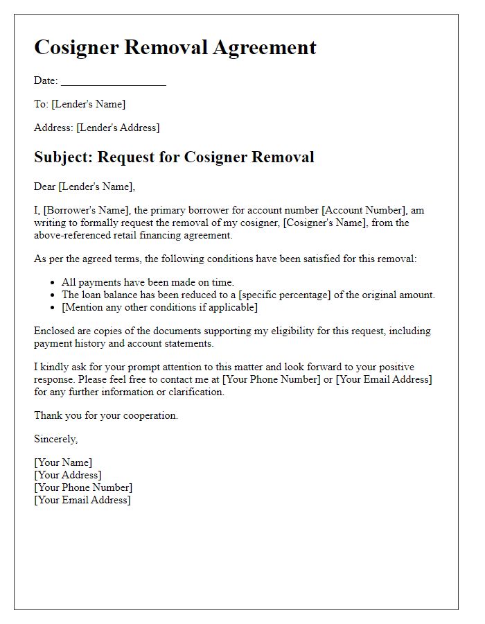 Letter template of agreement for cosigner removal from retail financing.