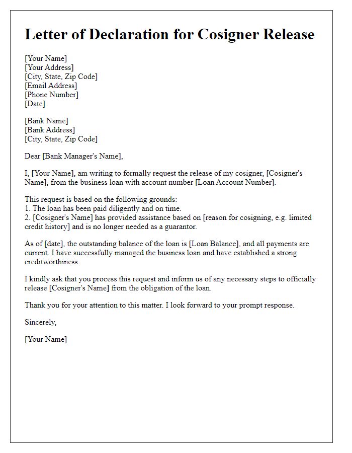 Letter template of declaration for cosigner release from business loan.