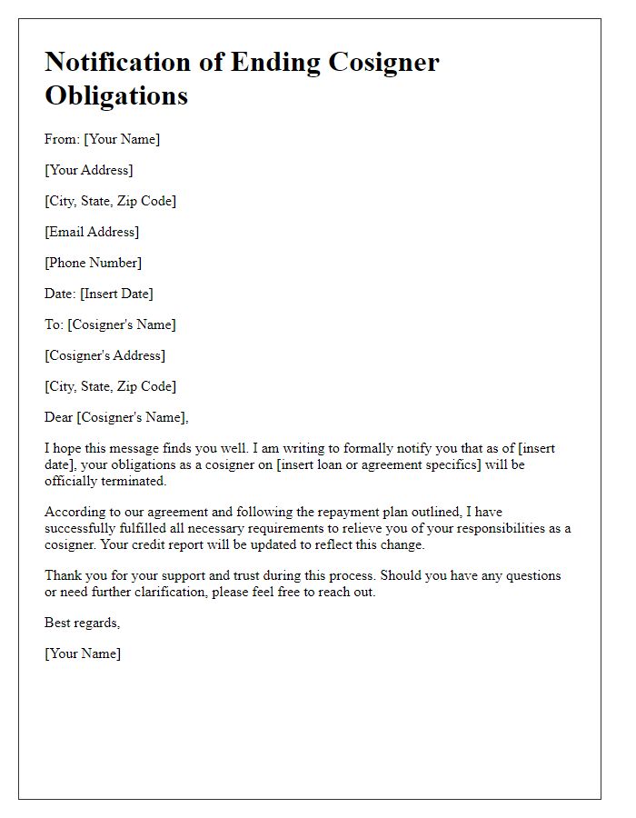 Letter template of notification for ending cosigner obligations.