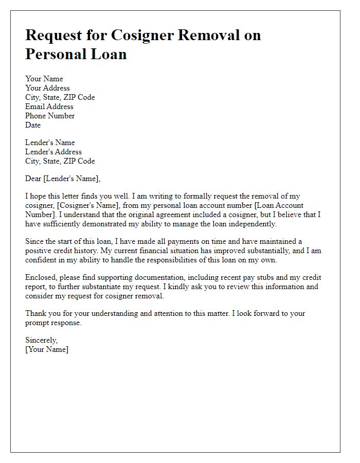 Letter template of request for cosigner removal on personal loan.