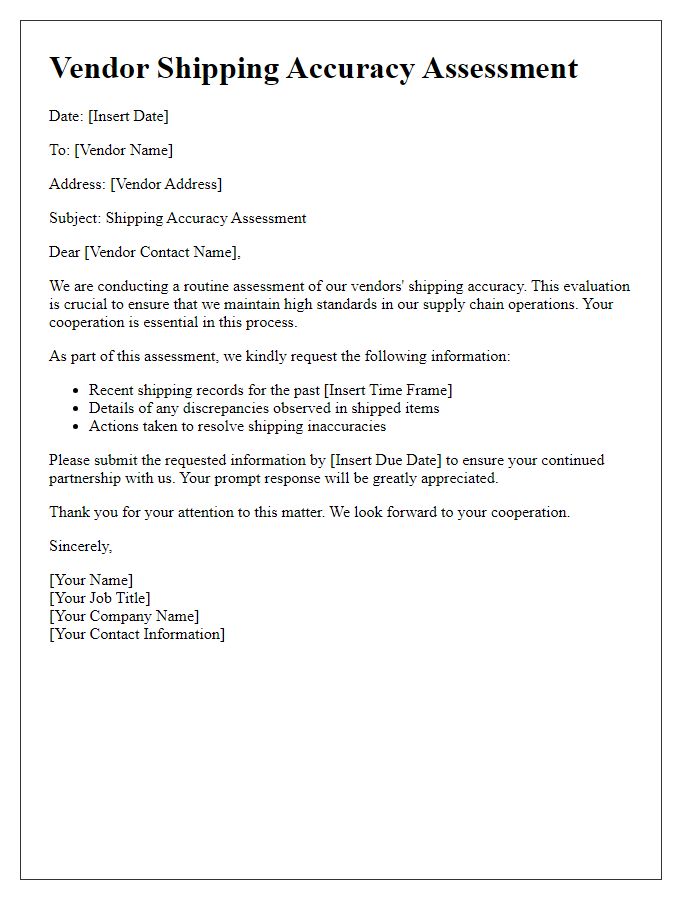 Letter template of vendor shipping accuracy assessment