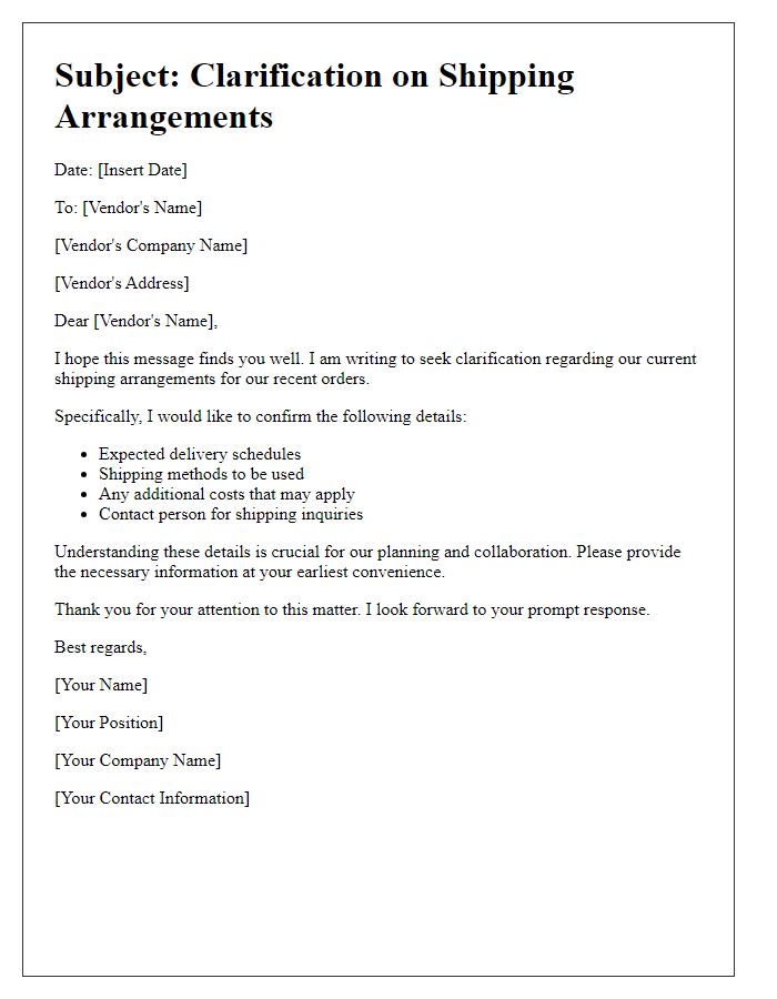 Letter template of vendor shipping arrangement clarification