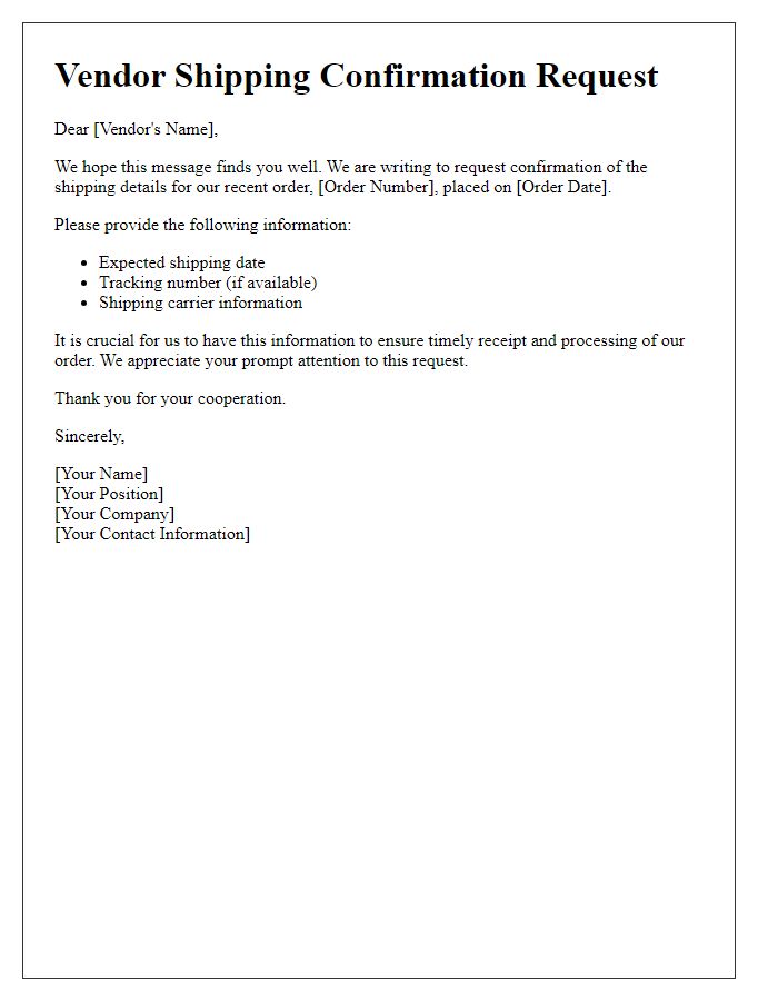 Letter template of vendor shipping confirmation request