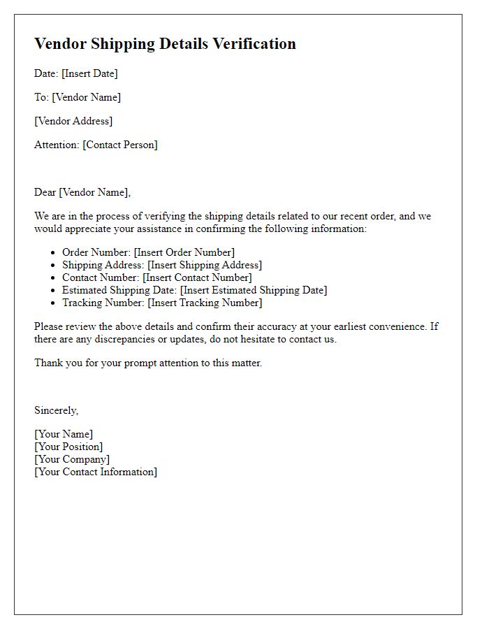 Letter template of vendor shipping details verification
