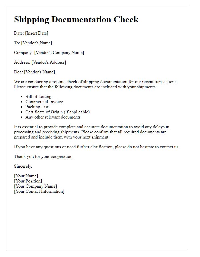 Letter template of vendor shipping documentation check