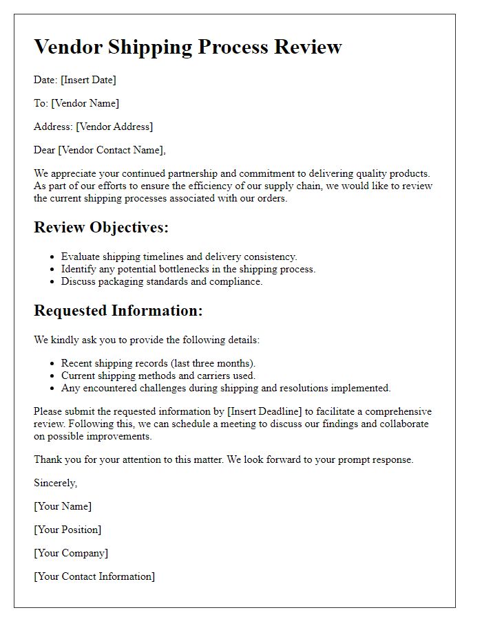 Letter template of vendor shipping process review